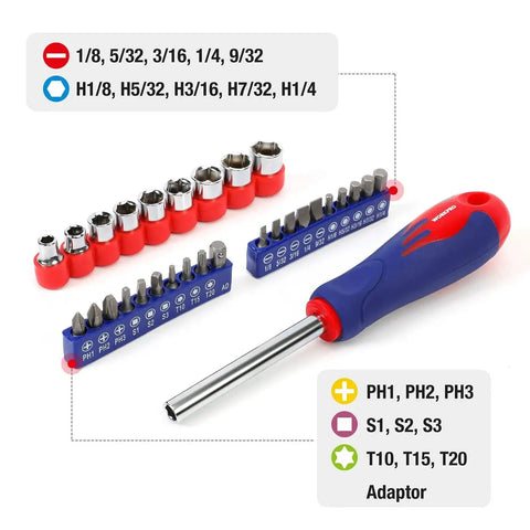 DIY Ready Home Tool Kit With 100 Piece Hand Tool Set showing screwdriver with socket and bit adapters for household tasks