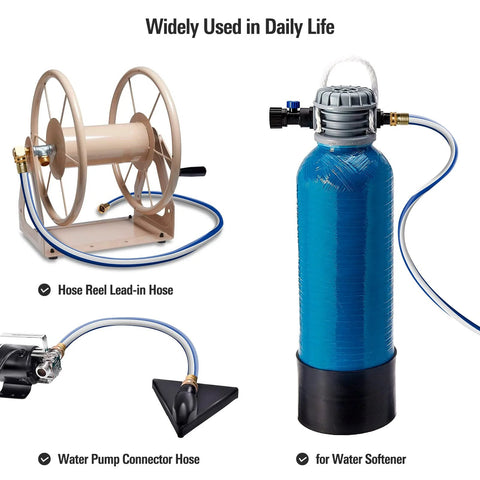 Garden hose on beige reel; 3/4 in × 3 ft blue lead-in hose with pump connector and female fittings (Amazon)