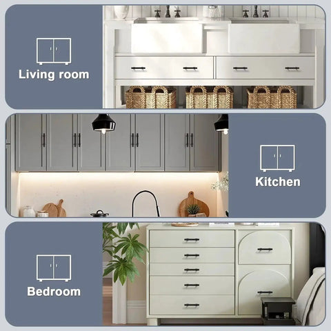Matte Black Cabinet Pulls 5 Pack With 2.5 Inch Hole Centers shown installed in kitchen, living room, and bedroom cabinets.