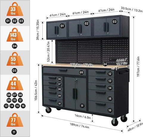 Dimensions of 72 Inch Rolling Tool Chest On Wheels With 11 Drawers, 3 Top Cabinets, Pegboard And Power Strip, Heavy Duty Mobile Garage Workbench.