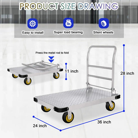 Heavy Duty Platform Cart With 6 Inch Wheels And 2000 Lbs Capacity Steel Large Flatbed Dolly Foldable Push Cart dimensions diagram