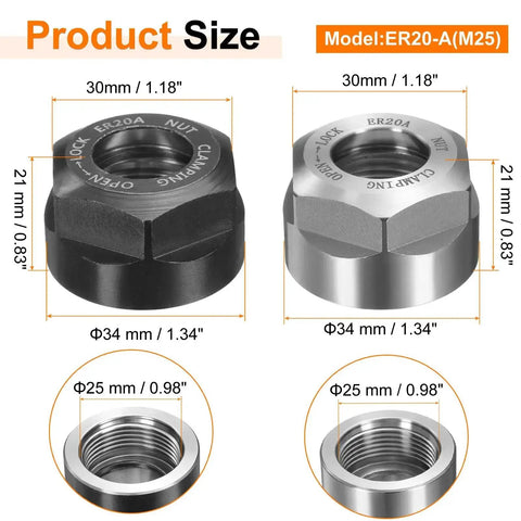 ER20 A M25 Collet Nut With Dynamic Balance Holes In 40Cr Alloy Steel, Black and Bright Silver Finish, Dimensions Labelled