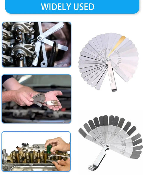 32 Blade Tapered Feeler Gauge Set in Stainless Steel with Dual Metric and SAE Markings for valve clearance measurement