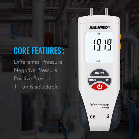 Risepro digital manometer handheld HVAC differential pressure gauge with white body, large display, and dual top ports.