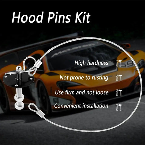 Stainless Steel Hood Pin Lock Clip With Racing Lanyard, black, shown with sports car backdrop, ideal for cars, trucks, SUVs.