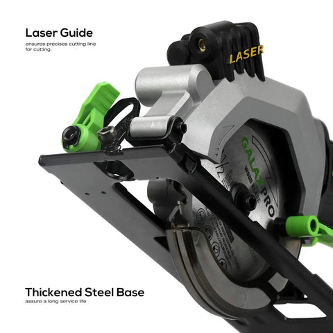Side view of Tiny But Mighty 20V Cordless Mini Circular Saw with laser guide, rip fence, dual blades for precise cuts in wood and metal.