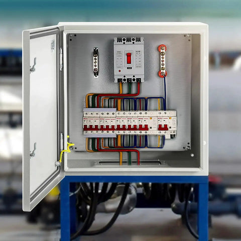 NEMA 4X Steel Enclosure 24 By 24 By 8 Inches IP66 Waterproof Dustproof Outdoor Indoor Electrical Junction Box with open door showing circuits.