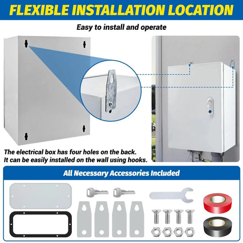Flexible installation showcasing wall-mounted Heavy Duty Steel Electrical Box 16 X 12 X 8 Inches NEMA 4X with accessories included.