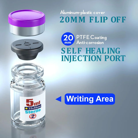 Ks-Tek sterile empty vial with self-healing injection port, purple aluminum flip-off cap, 5ml, 22x35mm, Amazon brand.
