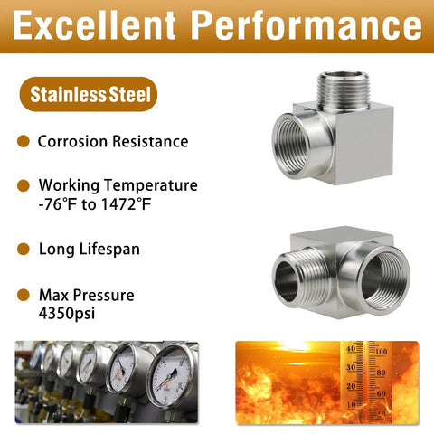 Two stainless steel pipe fittings: Napredak 90° NPT elbow and forged street elbow, 3/8 in male to 3/8 in female
