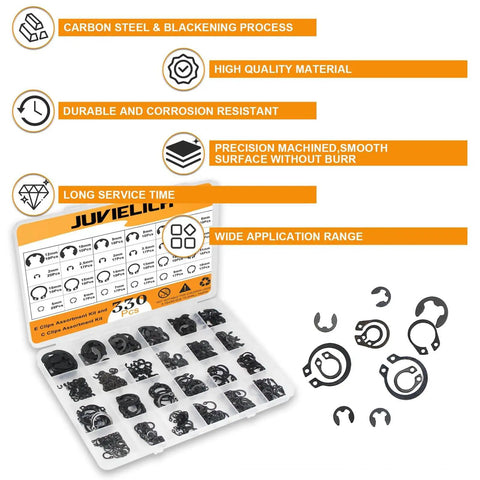 330 Piece Snap Rings Kit With E Clips And C Clips External Retaining Rings Assortment 24 Sizes From 2mm To 16mm Carbon Steel Circlip Set