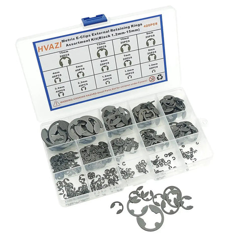 External E Clips Retaining Rings Kit, 420-Piece Metric Assortment From 1.2mm To 15mm, shown in open storage box