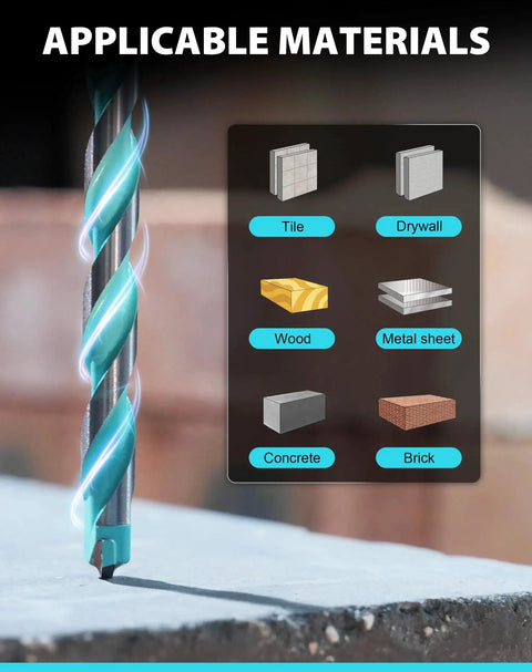Durable Carbide Masonry Drill Bit Set With Hex Shank For Brick Concrete Tile Block And More Five Piece Set Ranging From Five Thirty Seconds To Three Eighths Inch EZARC shown with applicable materials like tile, drywall, wood, metal sheet, concrete, and brick.