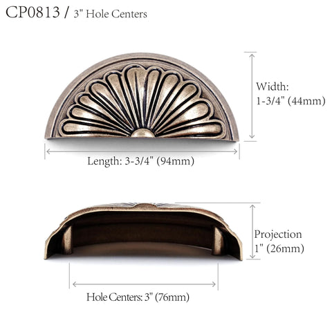 Antique Brass Cup Pulls 4 Pack With Petal Pattern Cabinet Hardware 3 Inch Hole Centers 94mm Overall Length, dimensions shown