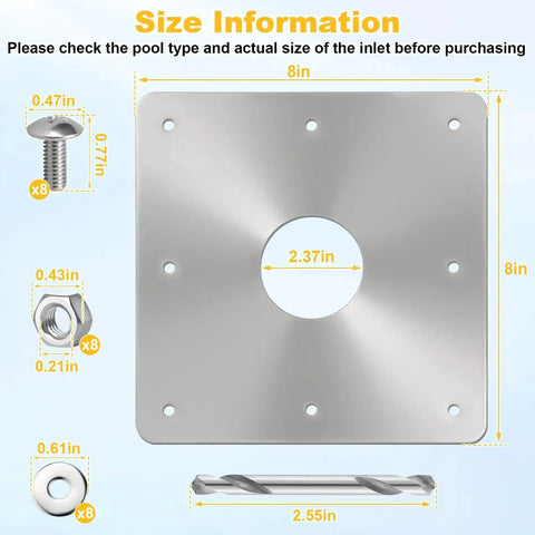 8x8 Inch Pool Water Return Repair Kit For Above Ground Pools showing dimensions and components included