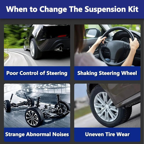 Signs indicating when to replace suspension kit, including poor control of steering, shaking steering wheel, abnormal noises, and uneven tire wear.