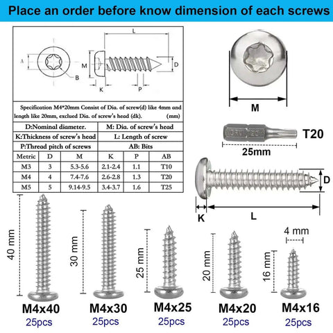 Diagram of 125 Piece Torx Pan Head Stainless Wood Screws Set With T20 Bit M4 X 16 20 25 30 40 mm dimensions and specifications