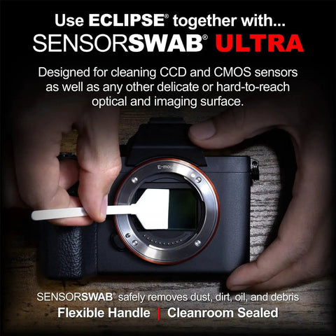 Person using SensorSwab with camera, cleaning lens and sensors, designed for delicate imaging surfaces.