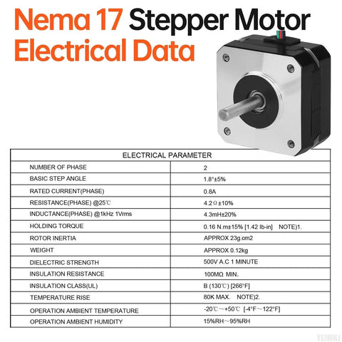 3 Pack Nema 17 Stepper Motors Kit For 3D Printer DIY CNC Robot 2 Phase 1.8 Degree High Torque Bipolar 0.16 Nm 0.8 A specifications