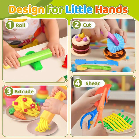 Kids Dough Play Tools Set 22 Piece with Storage Box Silicone Mat Rolling Pins Safety Scissors Mini Knife 3D Dino and Animal Molds Creative Play for Toddlers and Kids Great Gift for Boys and Girls, showing children using tools to roll, cut, extrude, and shear dough pieces.