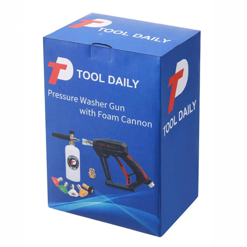 Short Pressure Washer Gun With Foam Cannon And One Quarter Inch Quick Connector Five Nozzle Tips And One Liter Bottle M22 Compatible All Purpose Power Washing Tool For Cars Decks And Driveways packaging