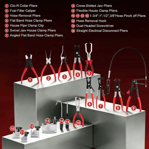 16 Piece Hose Clamp Pliers Set With Long Reach For Fuel Oil Coolant Hoses displayed on a stepped platform.