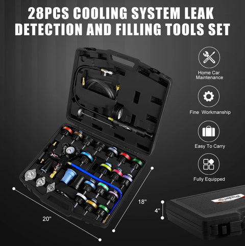Open case displaying the All In One Radiator Coolant Pressure Tester and Vacuum Refill Tool Kit with adapters and gauges.