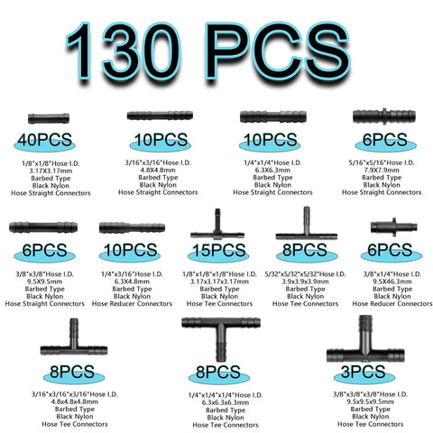 Assorted connectors for High Temp Silicone Vacuum Hose Kit For Your Car And Engine, shown in multiple sizes and types, 130 pieces total.