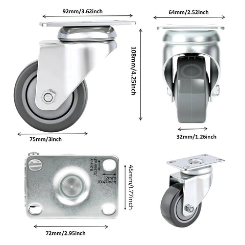 3 Inch Swivel Caster Wheels Set Of 4 With Grey PU Wheels 360 Degree Rotation Double Steel Bearings Heavy Duty Castors Measurements