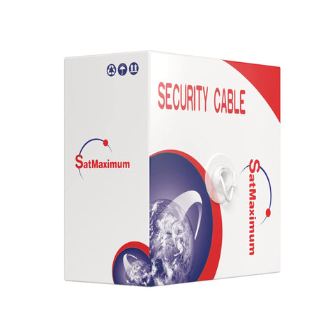 Security cable box SatMaximum, white packaging with red arc and globe graphic.