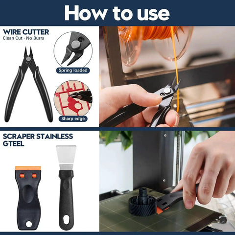 All In One 46 Piece 3D Printer Tool Kit For FDM And SLA Printers With Nozzle Cleaner Scraper Files Brushes Wire Cutter Engraving Knife Deburring Tool And Maintenance Accessories shown in use for cutting and scraping.