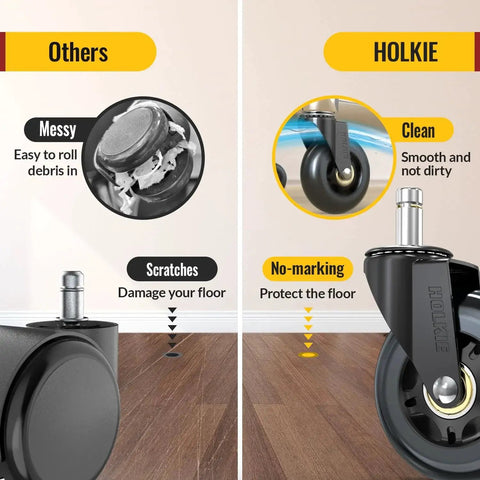 Comparison between standard caster on left and Office Chair Wheel Replacement Set Of 5 11x22mm 3 Inch Black Polyurethane Casters on right