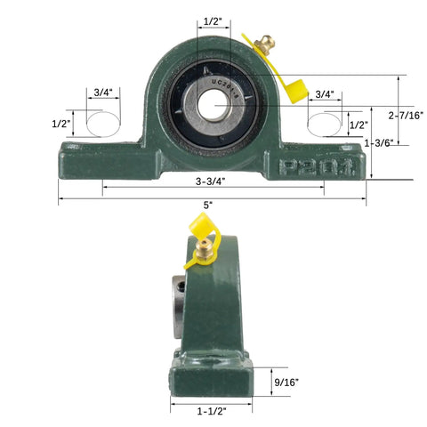 Front and side view of Beefy Pillow Block Bearing One Half Inch Shaft Bore with Solid Cast Iron Base Self Aligning Two Pack industrial mounts.