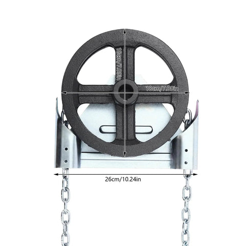 Garage Door Jackshaft Chain Hoist 1 To 1 Reduced Drive, 331 Lbs Capacity, durable iron pulley close-up, compatible with roll up doors