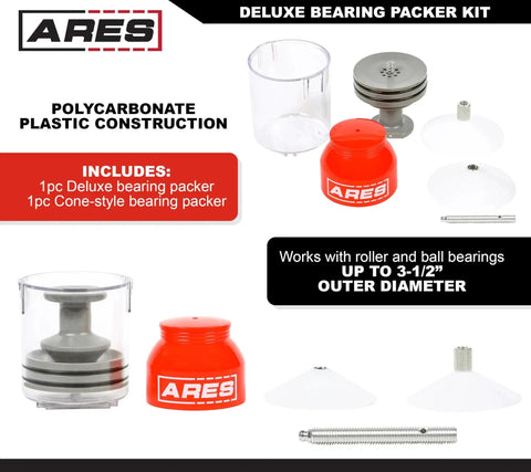 Two Piece Deluxe And Standard Bearing Packer Kit including cone style packer, deluxe hand packer, and flange packer for wheel bearings