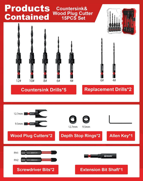 All In One Countersink Drill Bit Set For Woodworking With Fifteen Pieces Including Seven Tapered Bits And Two Wood Plug Cutters