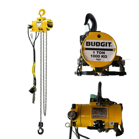 1 Ton Pneumatic Chain Hoist With 20 Ft Lift And Pendant Control, front and side views showing chain and pendant, industrial use