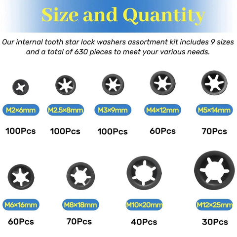 Ultimate 630Pcs Quick Lock Internal Tooth Star Washers Set, 9 Sizes M2-M12, 65Mn Steel Black Oxide, labeled with quantities