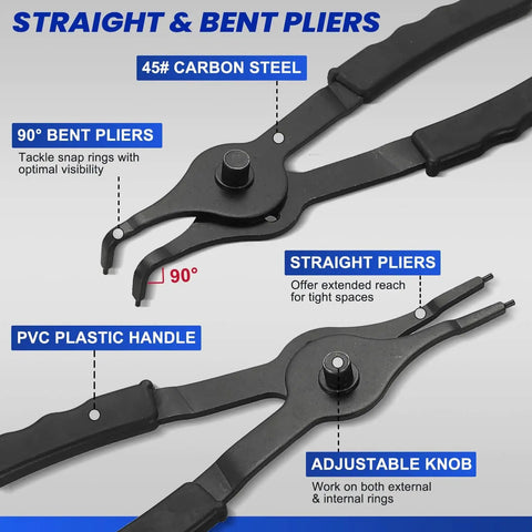 11 Piece Snap Ring Pliers Set With Straight And Bent Retaining Ring Pliers, Hook And Pick Tools showing 45# carbon steel construction