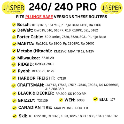 240/240 PRO compatibility chart listing various router brands and models suitable for plunge base versions.