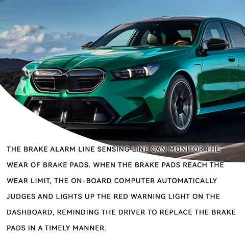Brake pad wear sensor for BMW; copper wear cable, front/rear compatible, shown on a green BMW car.