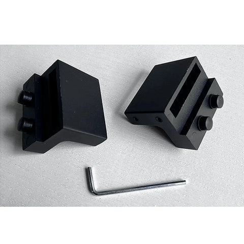 Barn Door Roller Stopper Hardware Set 2Pcs For 41x7mm Flat Track Sliding Doors Black Catches With Wrench To Limit Door Movement Durable Zinc Alloy Construction For Household Home Use, shown with wrench included.