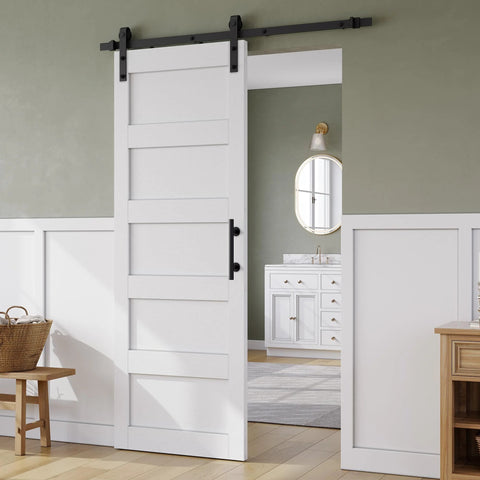 Front view of 28 Inch Sliding Barn Door Kit With 5 Ft Hardware Track And Handle, Waterproof PVC Surface, pre drilled solid MDF white door