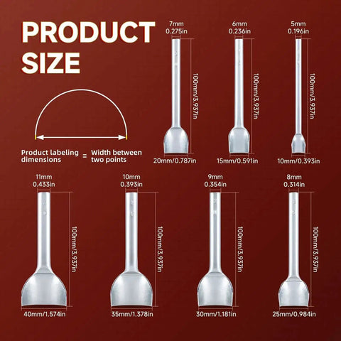 Leather Craft Tools Arc Shaped Half Round Punch Set With Edge Cutters size chart, showing 10mm to 40mm sizes for DIY projects
