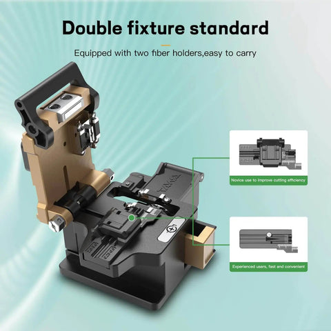 Beast Mode Fiber Optic Cleaver with built-in waste bin and dual fixtures, 23 cleaving spots, tungsten steel blade visible.