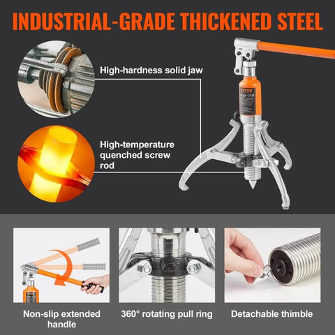 Industrial-grade hydraulic gear puller kit with 5 ton capacity, 8 inch jaw, 2 or 3 jaws, rotating pull ring, and detachable thimble.