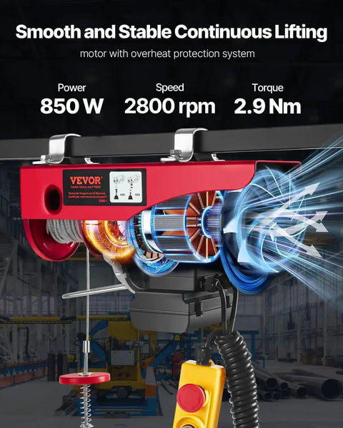 Electric Hoist 880 Lb Capacity With 14 Ft 110V Wired Remote And 20 To 40 Ft Lift, showing motor and remote control