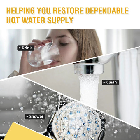 LP thermopile sensor component for pilot assembly replacement kit; shown with drinkable water, faucet flow, and shower head.