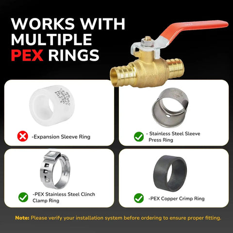 Value Packed Three Quarters Inch PEX Ball Valve Brass Full Port Shutoff With PEX Crimp Fittings One Quarter Turn Handle For Hot And Cold Water Systems Red Blue Handles UPC Certified Lead Free 2 Pack KAINGA with compatible PEX rings shown.