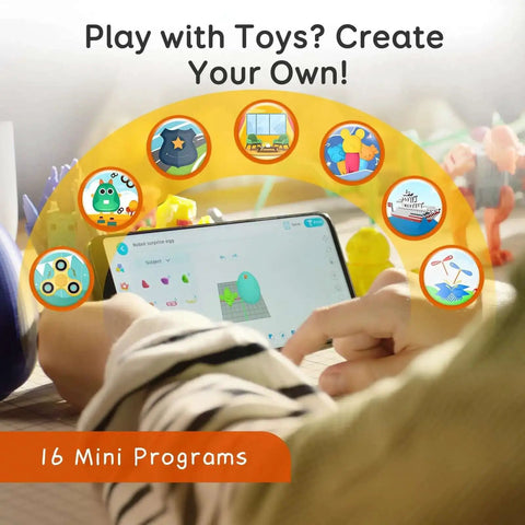 Child using AI Powered 3D Printer For Kids With 8 PLA Filament Set And AI Design App Huge Toy Library, focusing on design app screen.